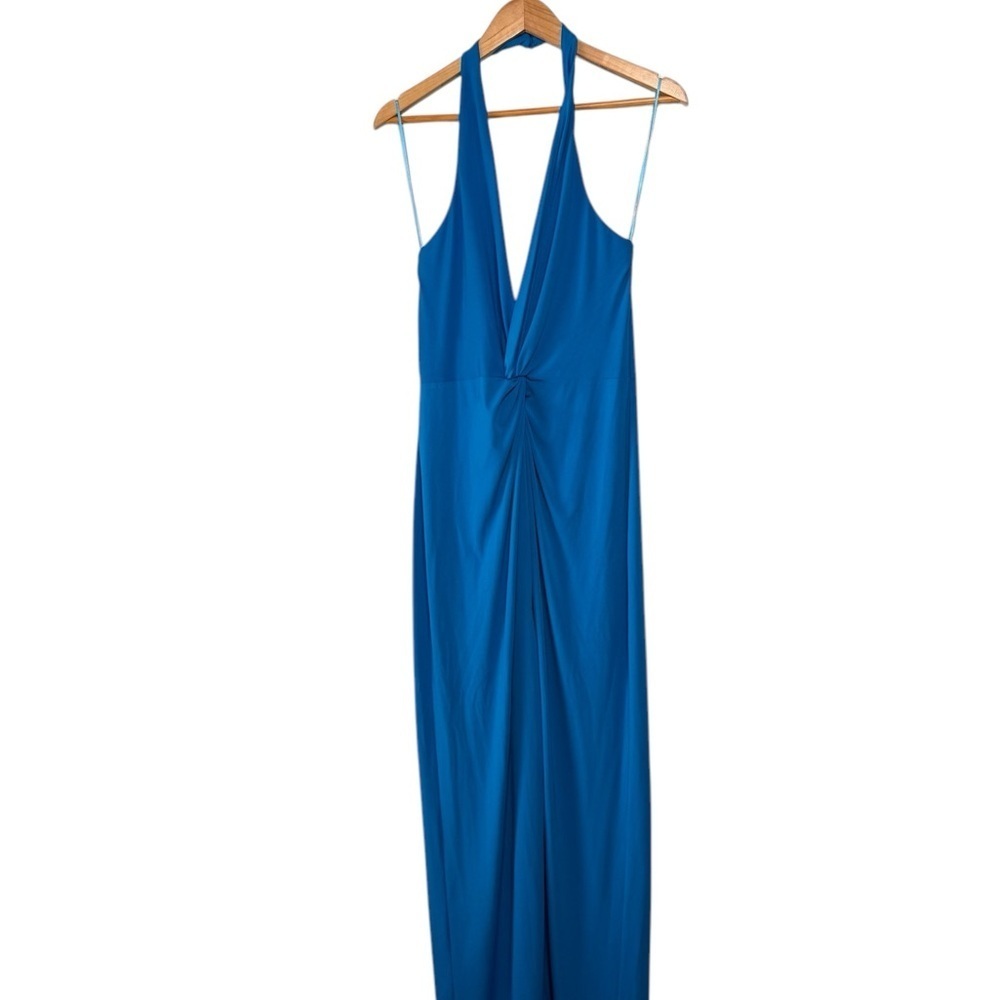 Badgley Mischka Royal Blue Halter Maxi Gown with Front Slit - Picture 4 of 15